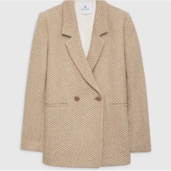 Anine Bing Fishbone Blazer Hearringbone Size Lrg Tan Cream Career Classic Wool - Picture 1 of 15